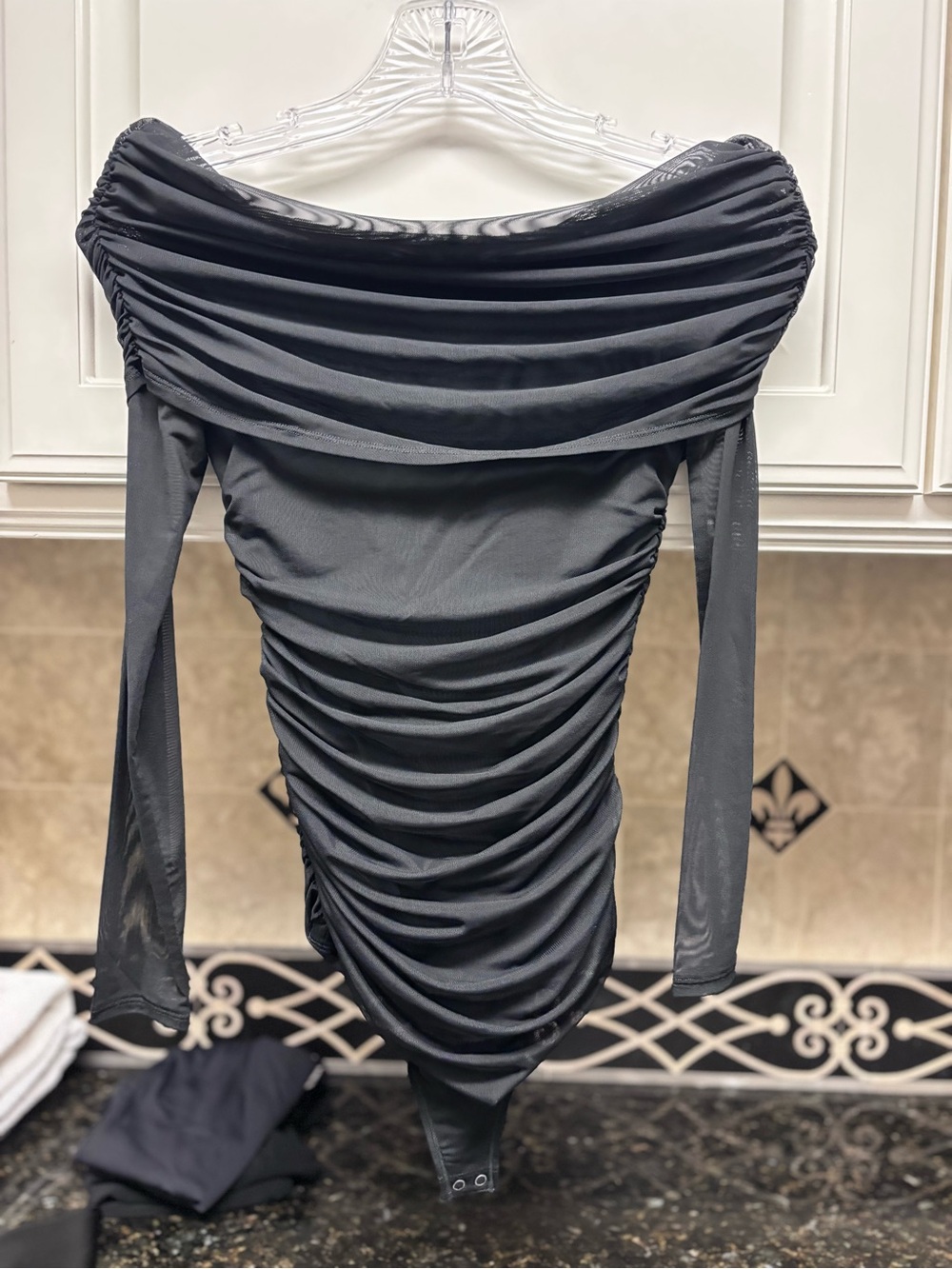 Abercrombie & Fitch Black Ruched Off-Shoulder Long Sleeve Bodysuit Dress
